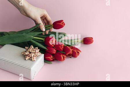 Sur fond rose, un bouquet de fleurs et une boîte cadeau. La main femelle tient une fleur de tulipe Banque D'Images