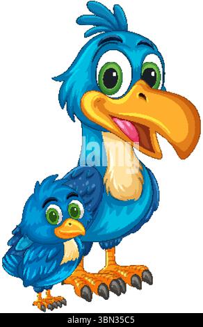 Illustration vectorielle vibrante de deux hornbill de dessin animé avec de grands yeux et des expressions ludiques, avec des couleurs vives et des lignes épurées Illustration de Vecteur