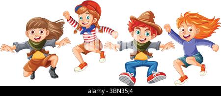 Quatre enfants animés sautant joyeusement, mettant en valeur des couleurs vibrantes et des poses dynamiques dans un style d'illustration vectorielle ludique Illustration de Vecteur