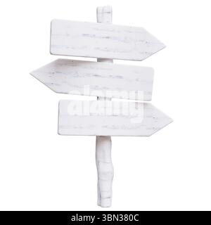 Direction de signe de flèche en bois vierge sur le poteau isolé sur blanc, rendu 3D. Banque D'Images