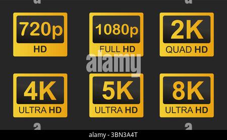 Résolutions vidéo Full ultra Quad HD, icône de badge de qualité vidéo. Résolution vidéo définie. Illustration vectorielle Illustration de Vecteur