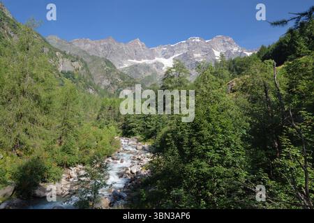 Le panorama des sommets de Punta Gnifetti ou Signalkuppe, Parrotspitze, Ludwigshohe - vallée de la Valsie. Banque D'Images