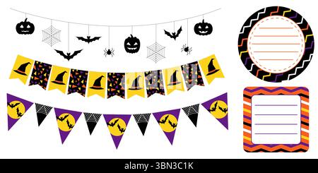 Jolies guirlandes et formes d'autocollants sur le thème d'Halloween en noir orange violet et jaune. Étiquettes rondes rectangulaires et carrées pour les invitations de fête Illustration de Vecteur