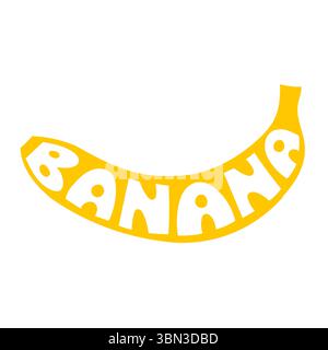 Illustration vectorielle d'une banane avec un lettrage créatif à l'intérieur de la forme du fruit. Banane jaune dessinée à la main simple sur fond blanc, combinant le design des fruits et la typographie pour des thèmes alimentaires sains. Illustration de Vecteur
