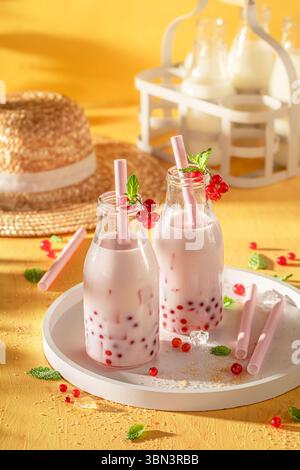 Thé moussant au cassis rouge délicieux et fait maison pour l'été. Boisson fraîche pour les journées chaudes. Banque D'Images