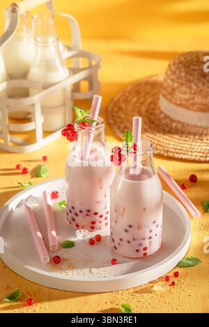 Thé moussant au cassis rouge frais et réfrigéré avec milk-shake et glace. Boisson lactée d'été. Banque D'Images