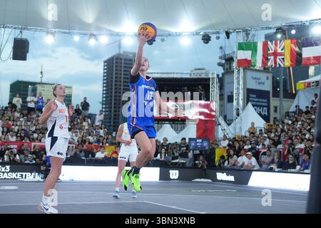 Oulan-Bator, Mongolie. 29 juin 2025. Finale de la Coupe du monde féminine FIBA 3x3 2025 entre les Nederland et la Mongolie sur la place Sukhbaatar. Crédit : L.Enkh-Orgil. Banque D'Images