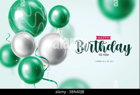 Voeux d'anniversaire élégants avec ballons brillants vert et argent et rubans décoratifs. Illustration de Vecteur