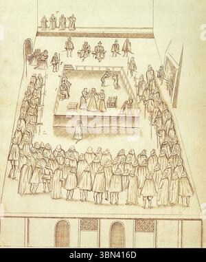 MARIE, REINE D'ÉCOSSE (1542-1587) dessin contemporain de Robert Beale de son exécution au château de Fotheringhay le 8 février 1587. En tant que Clark du Conseil privé, Beale était responsable de la production du compte rendu officiel des délibérations. Banque D'Images
