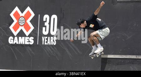 Juin 28 2025 Salt Lake City UT U.S.A. Skater Nyjah Huston en compétition dans la finale Xgames Mens Skateboard Street au Utah State Fairpark Salt Lake City UT. Thurman James/CSM Banque D'Images