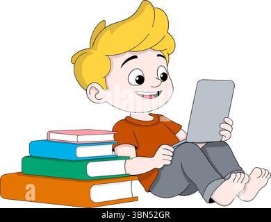 Dessin animé vectoriel d'un garçon joyeux assis sur le sol à l'aide d'une tablette, avec une pile de livres à côté de lui. Illustration de Vecteur