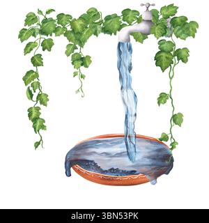 Composition pré-faite avec robinet de jardin avec de l'eau se versant dans un bol en céramique en terre cuite et lierre vert grimpant sur le mur. Aquarelle dessinée à la main il Banque D'Images