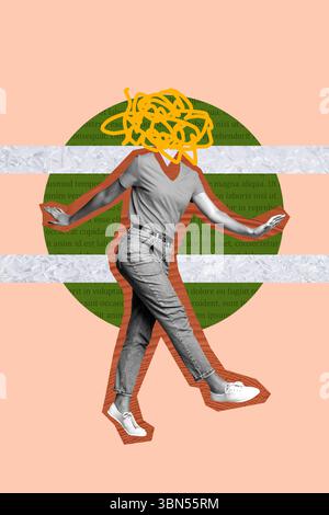 Tendance illustration bannière esquisse photo 3D collage de problème d'esprit penser autocollant jeune femme corps pas de tête marcher dépassé psychédélique Banque D'Images