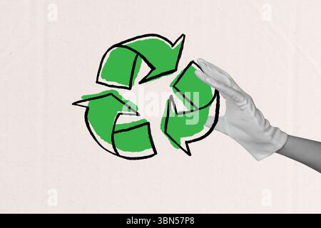 Croquis de bannière pop art collage de gant d'usure de main humaine montre le symbole de pointeur de flèche de recyclage écologique soin de l'environnement Banque D'Images