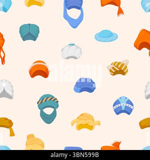 Accessoires de tête orientaux. Turbans modèle sans couture, coiffe musulmane traditionnelle de bande dessinée. Impression décorative pour la conception de tissu, fond vectoriel Illustration de Vecteur