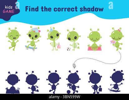 Trouver le jeu correct d'enfants d'ombre. Dessins animés étrangers dans différentes poses. Les enfants éducatifs jouent avec des personnages de l'espace, des créatures drôles de l'univers, vecteur Illustration de Vecteur