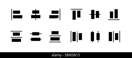 Icône d'alignement définie pour le positionnement d'objet dans le panneau d'outils de l'interface de l'éditeur graphique vectoriel signe d'alignement. Illustration de Vecteur