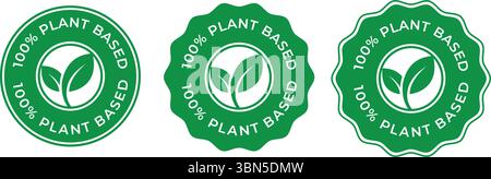 Logo de badge vectoriel à base de plantes à 100 % - badge circulaire vert avec icône de feuille pour les produits végétaliens ou biologiques, timbre de produit végétalien Illustration de Vecteur