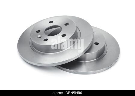 Deux disques de frein de voiture isolés sur blanc Banque D'Images