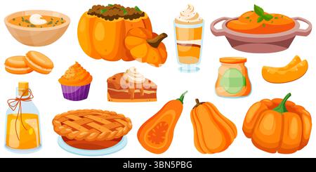 Nourriture et boissons d'automne à base de citrouille. Soupe de citrouille, tarte à la citrouille, ensemble d'illustration de dessin animé plat vecteur d'épices de citrouille. Menu traditionnel Illustration de Vecteur