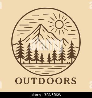 Monoline Adventure Horizon Majestic Mountains Pine Forest Sunrise Outdoors emblème Illustration de Vecteur