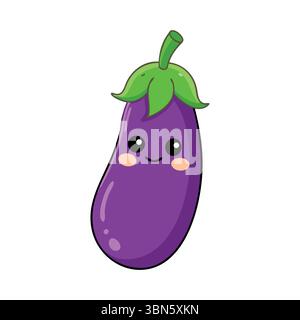 « Personnage d'aubergine de dessin animé mignon avec de grands yeux et une expression souriante » Illustration de Vecteur