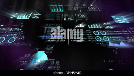 Affichage du tableau de bord financier holographique dans un espace 3D sombre, avec des graphiques à barres et des graphiques linéaires Banque D'Images