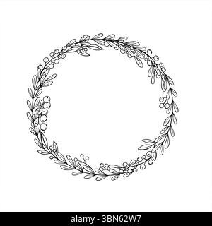 Couronne de doodle florale avec branche de feuille et baies illustration vectorielle monochrome. Cadre rond minimaliste avec des plantes abstraites dans un style linéaire. Illustration de Vecteur