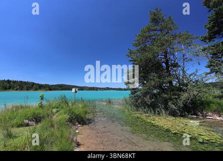 Osterseen, Deutschland. 30 juin 2025. Hier der Blick auf den grossen Ostersee zwischen Iffeldorf und Seeshaupt, Kleinod, türkis, Badesee, Naturschutzgebiet, comme Karibik, Sommer, hitze, baden, Schwimmen, Sonnen, spazieren, wandern, Fahrradfahren, Ausflugsziel, Gut mit der Bahn erreichbar, Sandstrand, Bayern, Oberbayern crédit : dpa/Alamy Live News Banque D'Images