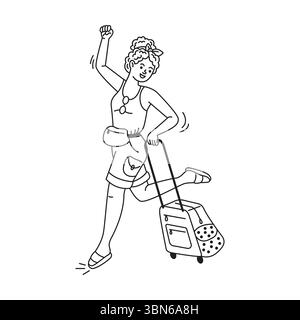 Illustration d'art au trait d'une femme joyeuse avec les cheveux bouclés tirant une valise. Sauter avec joie et excitation. Habillé de façon décontractée avec un sac banane, on Illustration de Vecteur