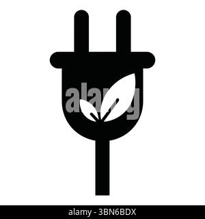 Icône de prise d'alimentation écologique. Un graphique simple, noir et blanc d'une prise électrique avec des feuilles stylisées, suggérant une énergie durable. Illustration de Vecteur