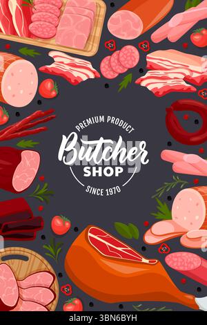 Bannière de boucherie, modèle de conception d'affiche. Cadre de produits de viande fraîche sur fond noir. Illustration de bande dessinée plate de vecteur de salami, jambon, cuisse de porc, Illustration de Vecteur