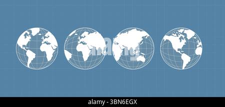 Carte du monde définie. Cartes du globe Europe, Asie, Amérique, Océanie. Icônes de globe du monde isolé sur fond bleu. Globes terrestres. Illustration de Vecteur