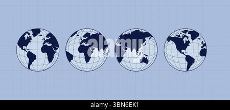 Carte du monde définie. Cartes du globe Europe, Asie, Amérique, Océanie. Icônes de globe du monde isolé sur fond bleu. Globes terrestres. Illustration de Vecteur