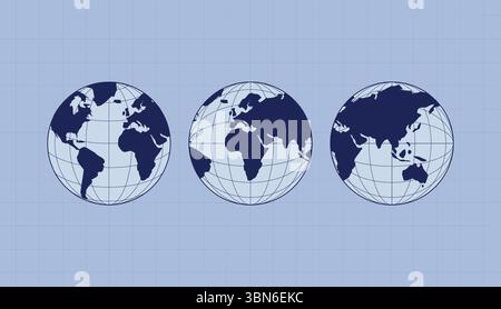 Carte du monde définie. Cartes du globe Europe, Asie, Amérique, Océanie. Icônes de globe du monde isolé sur fond bleu. Globes terrestres. Illustration de Vecteur