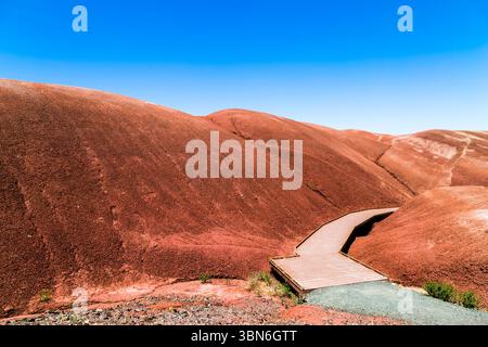 Painted Hills, Oregon, États-Unis - 27 mai 2017 : une promenade serpente à travers le paysage unique de couleur rouge, permettant aux visiteurs d'explorer. Banque D'Images