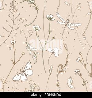 Motif botanique sans couture minimal avec des herbes dessinées à la main, des papillons et des libellules dans un style d'art de ligne propre sur fond beige. Idéal pour Illustration de Vecteur