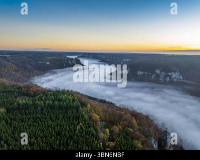 Vue aérienne d'une vallée fluviale remplie d'un brouillard dense, bordée de forêts luxuriantes aux couleurs d'automne, contrastant avec le ciel bleu clair, Irndorf, Bade-Württemberg, Allemagne. Banque D'Images