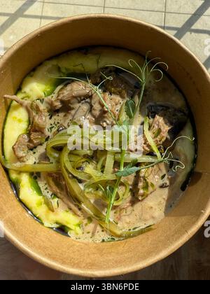 La photo montre une vue de haut en bas d'un bol brun contenant du ragoût de bœuf dans une sauce crémeuse, servi avec de la purée de pommes de terre et garni d'un mince pepp vert Banque D'Images