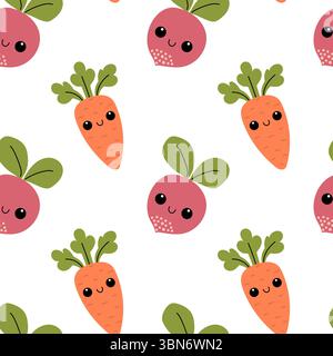 Modèle sans couture avec carotte et radis. Joli motif de légumes souriants. Illustration de Vecteur