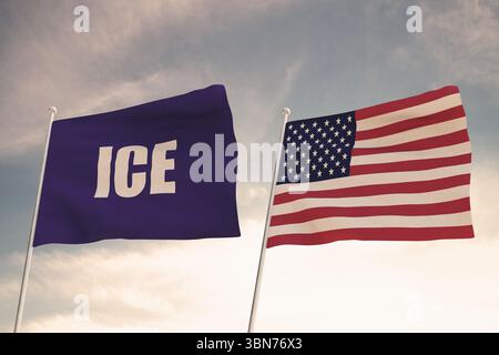 Spectaculaire drapeau DE GLACE à côté du drapeau des États-Unis d'Amérique ondulant sur un fond de nuages et de ciel bleu.rendu 3D, illustration 3D. Banque D'Images