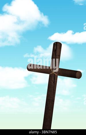 Croix en bois rugueux avec reliure de corde grossière est debout contre le ciel bleu vibrant, design plat Banque D'Images