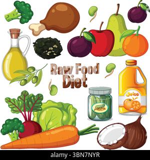 Illustration vectorielle vibrante des aliments crus, y compris les fruits, les légumes et les huiles. Les couleurs vives et la composition épurée améliorent l'attrait visuel Illustration de Vecteur