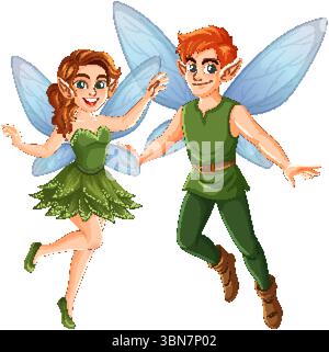 Deux fées avec des ailes vibrantes et des tenues vertes, mettant en valeur le charme fantaisiste et des éléments fantastiques dans une illustration vectorielle Illustration de Vecteur
