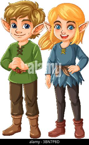 Deux elfes joyeux dans des tenues colorées, mettant en valeur un style fantaisiste avec des couleurs vibrantes et des expressions ludiques Illustration de Vecteur