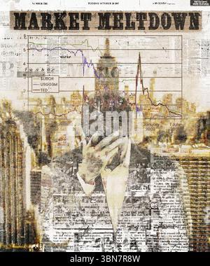 Un homme d'affaires en tenue formelle se tient contemplativement sur fond de titres de journaux détaillant une crise financière. Superposé au marché Banque D'Images