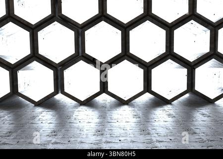 Le mur de cadres métalliques en nid d'abeille brille dans le rendu intérieur 3D, projetant des ombres sur le sol rugueux Banque D'Images