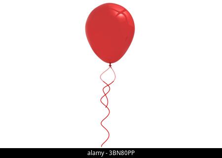 Ballon en latex brillant rouge flotte sur fond blanc sans couture, ruban rouge est curling, design plat Banque D'Images