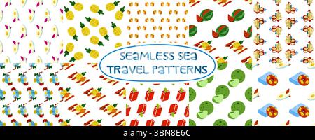 Pack été motif mer sans coutures. Ensemble de 10 motifs sans couture avec des éléments de voyage en mer d'été. Style plat, couleurs vives et éclatantes. Illustration de Vecteur