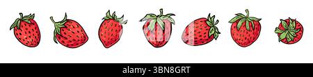 Collection de fraises avec des baies sous différents angles. Éléments ludiques, audacieux, dessinés à la main. Idéal pour les motifs, les autocollants, les emballages et l'été doux Illustration de Vecteur